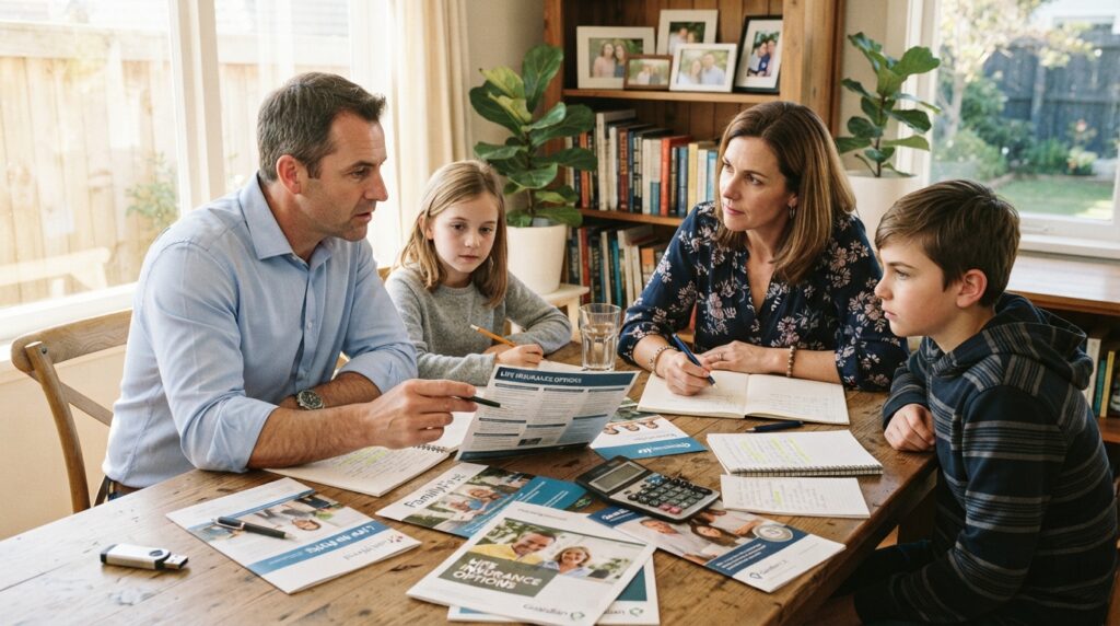 A family compares life insurance term and benefit options A family compares life insurance term and benefit options