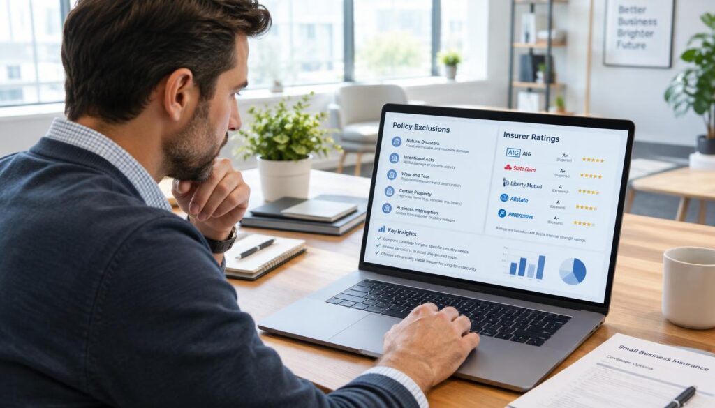 Business owner compares policy exclusions and insurer ratings on a screen
