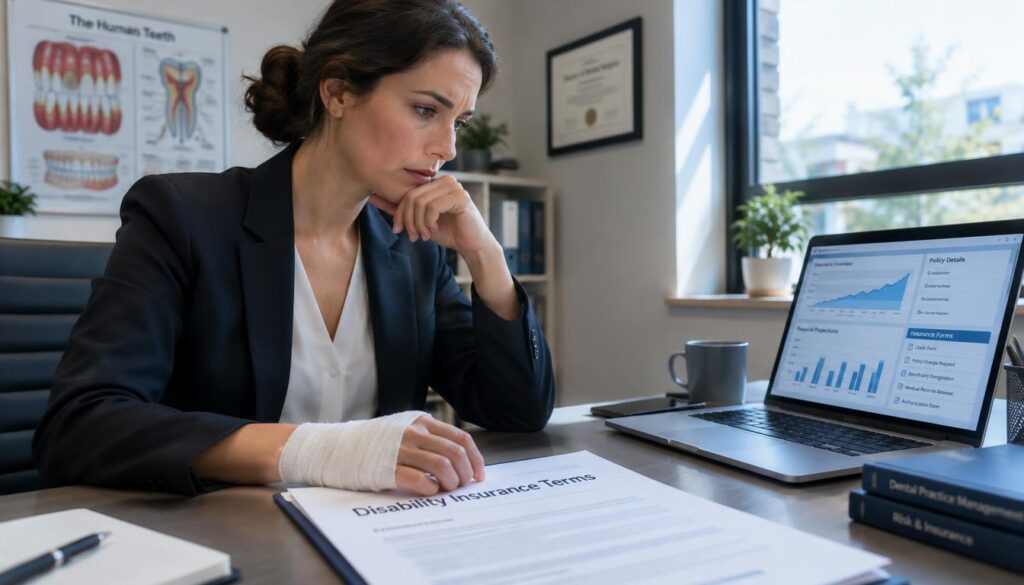 Dentist with an injured hand reviewing disability insurance terms Dentist with an injured hand reviewing disability insurance terms