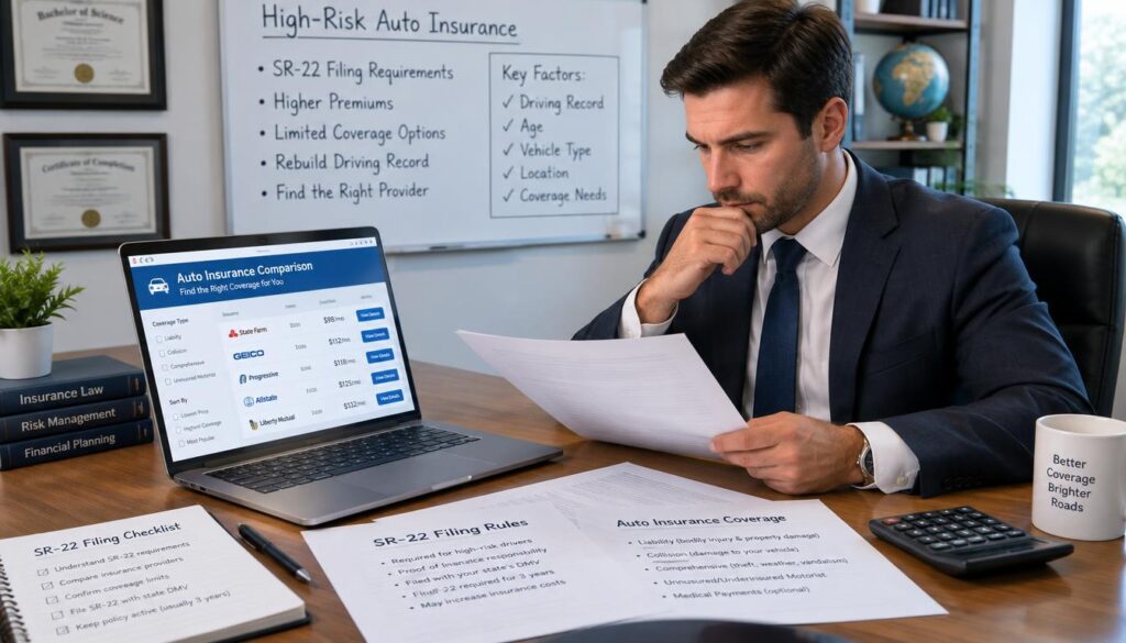 Driver checking SR-22 filing rules and auto insurance coverage