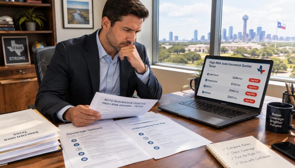 Driver reviewing high-risk auto insurance costs in Texas