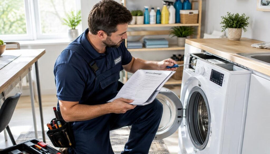 Handyman repairs an appliance at a client home while reviewing coverage