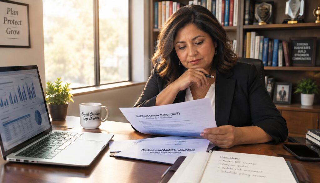 Small business owner reviewing a BOP and professional liability coverage Small business owner reviewing a BOP and professional liability coverage